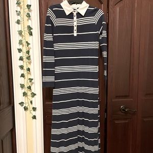 Long Sleeve Navy Blue and White Maxi Dress